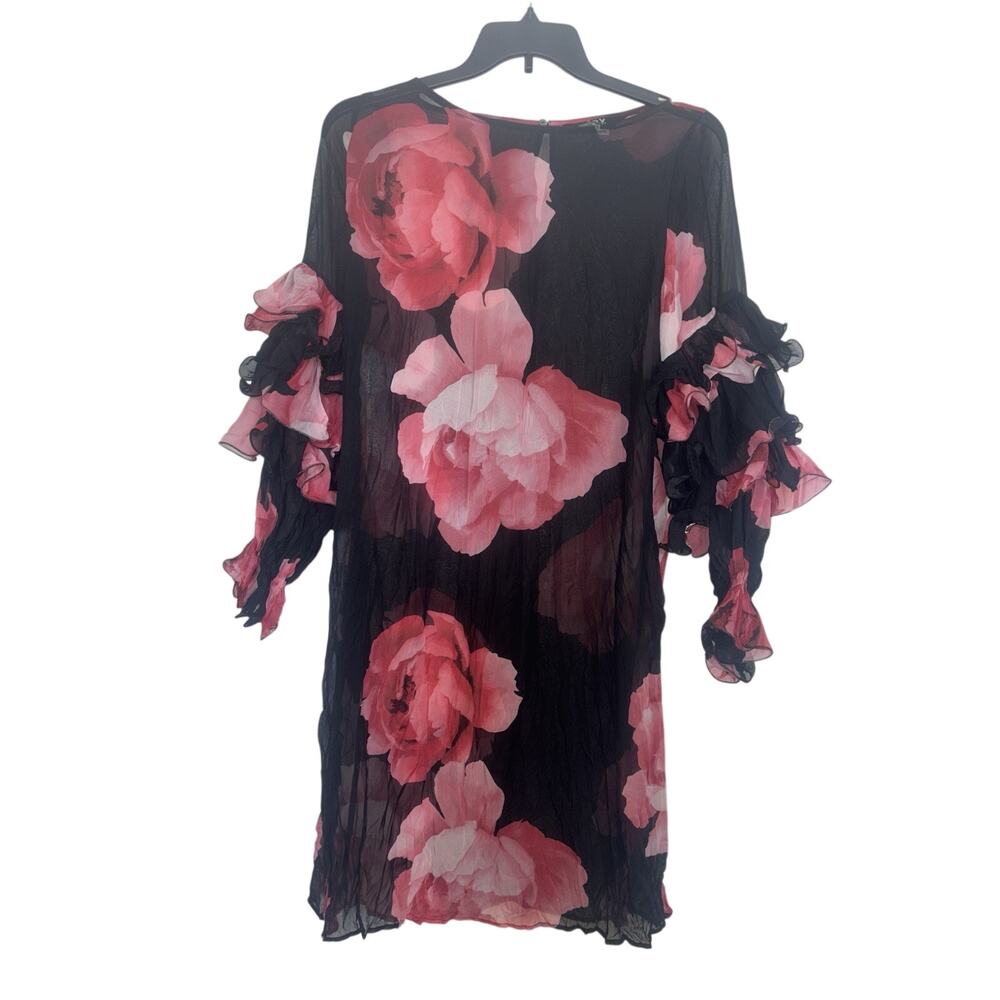TOV Los Angeles Red Black Floral Ruffle Sleeve Sheer Crinkle Midi Dress 44 XL